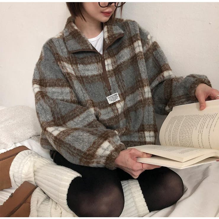 ブラウン | チェック柄スワンネックトップス | Ulysses