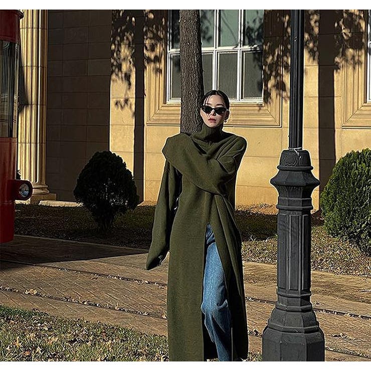 カーキ | ニットハイネックスリットワンピース | Ulysses