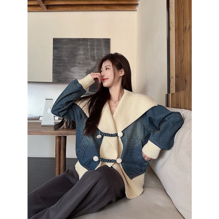 ブルー | デニム切り替えニットジャケット | Ulysses