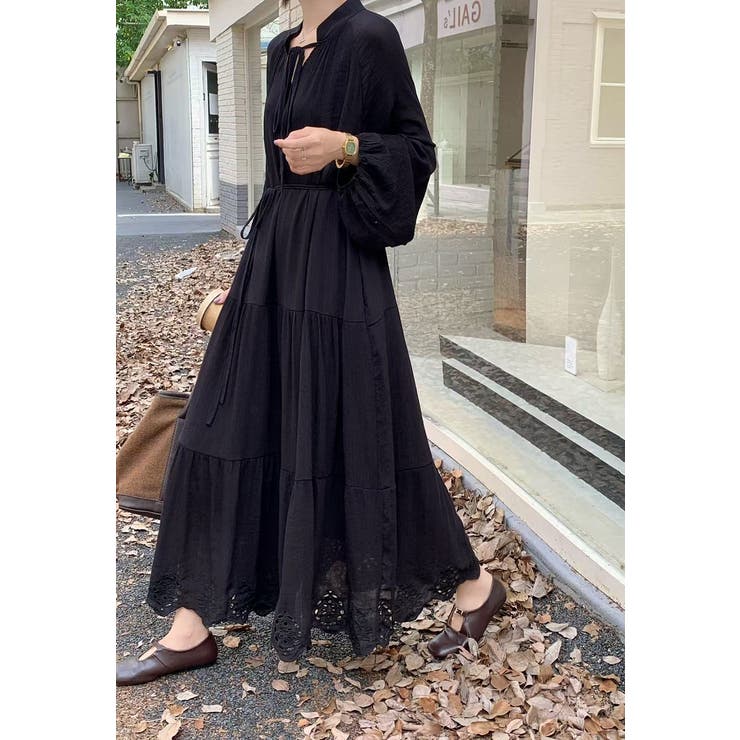 パンチングレースリボンVネック長袖ワンピース | Ulysses | 詳細画像2 