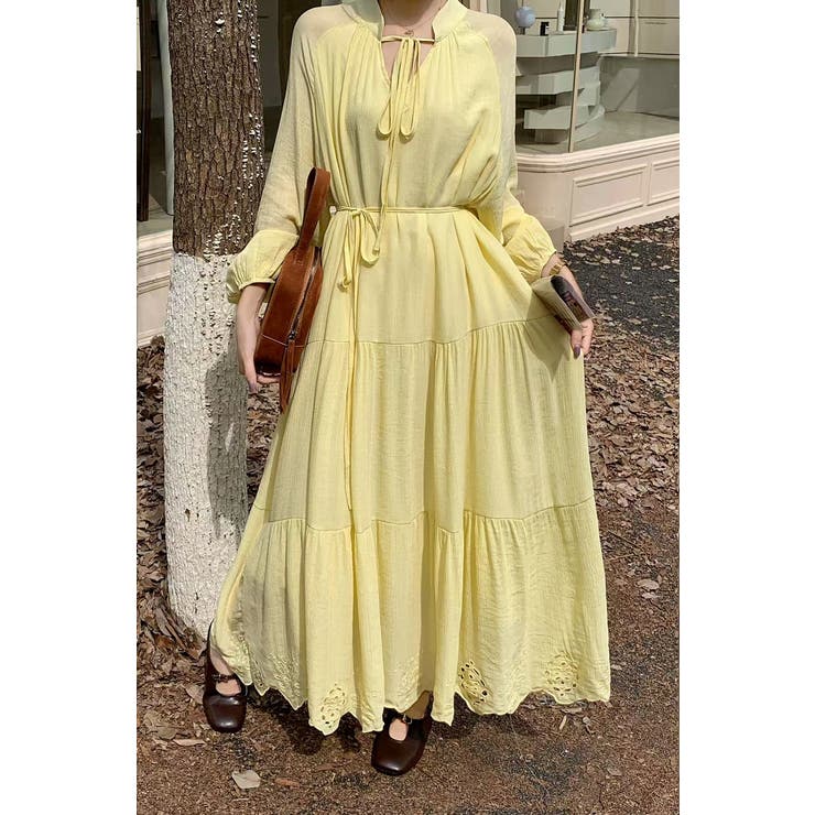 イエロー | パンチングレースリボンVネック長袖ワンピース | Ulysses