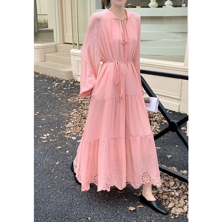 パンチングレースリボンVネック長袖ワンピース | Ulysses | 詳細画像5 