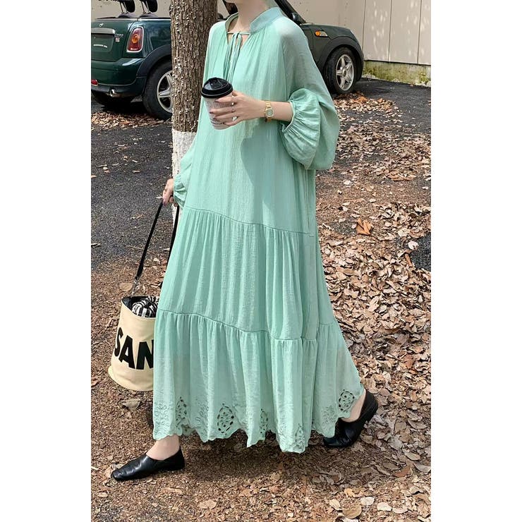 パンチングレースリボンVネック長袖ワンピース | Ulysses | 詳細画像8 