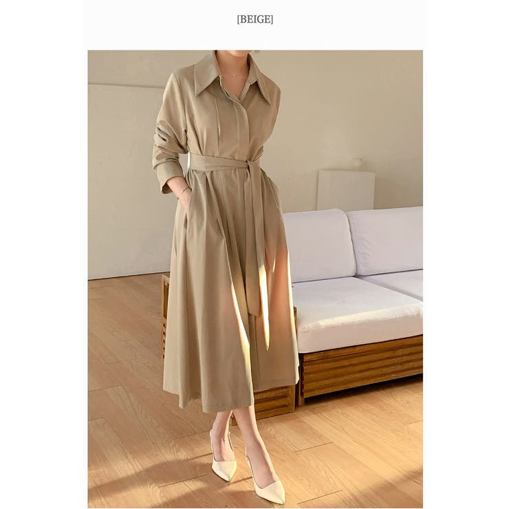 ベージュ | リボン襟付きシングルブレストワンピース | Ulysses