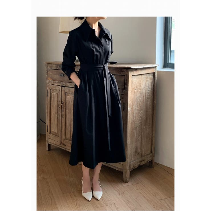 ブラック | リボン襟付きシングルブレストワンピース | Ulysses