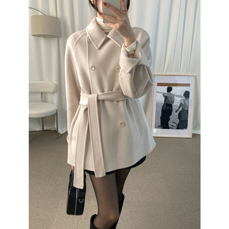 ベージュ | 襟付きリボンダブルブレストメルトンジャケット | Ulysses