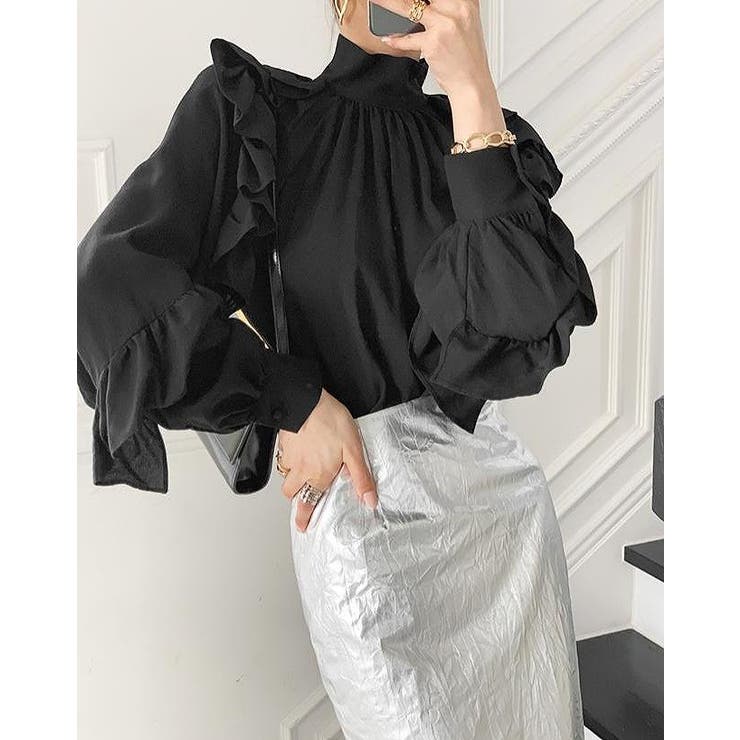ブラック | フリルスタンドカラーシャツトップス | Ulysses