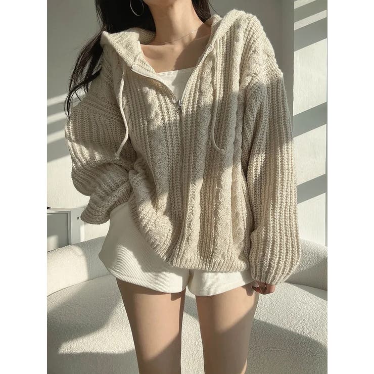 ベージュ | フード付きジップ付きセータージャケット | Ulysses