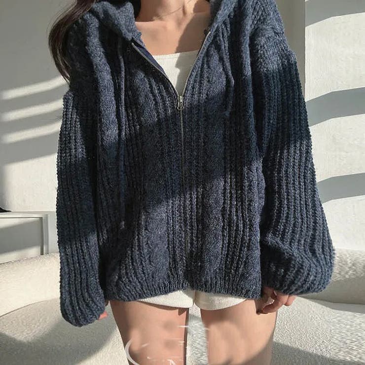 ダークブルー | フード付きジップ付きセータージャケット | Ulysses