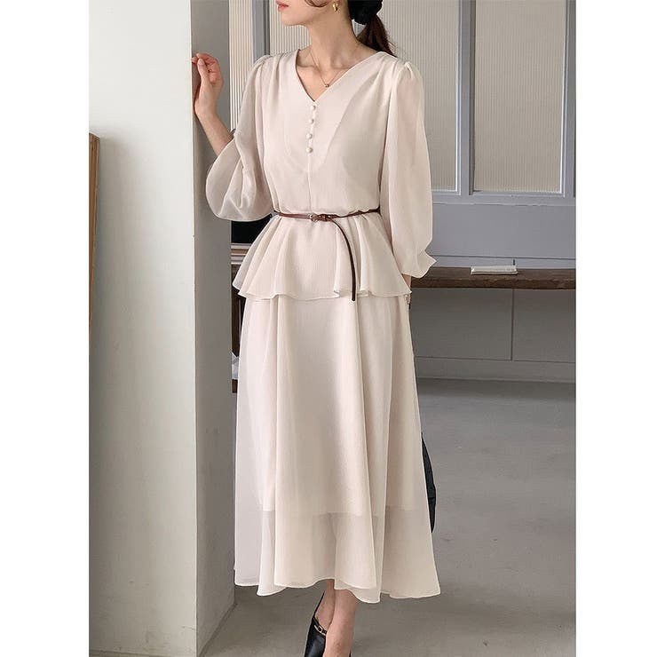 ベージュ | ベルト付きVネックワンピース | Ulysses