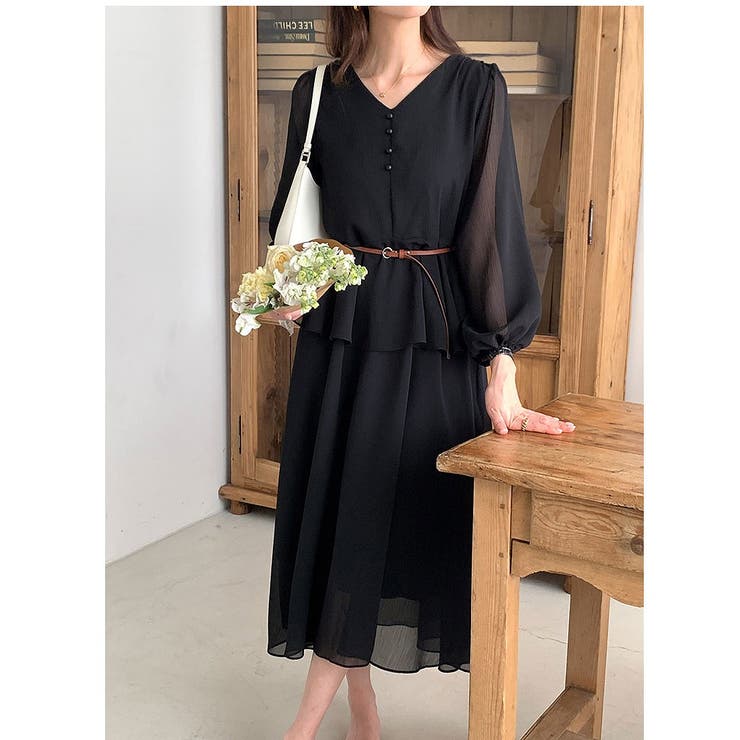 ブラック | ベルト付きVネックワンピース | Ulysses