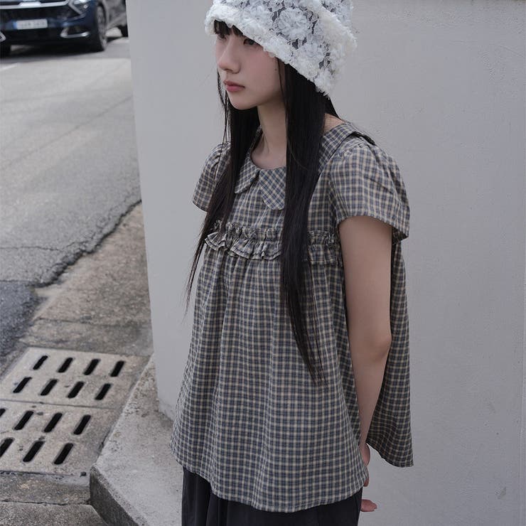 グリーン | デカ襟半袖チェック柄トップス | Ulysses