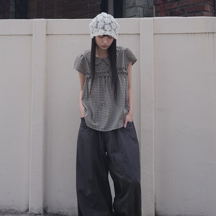 デカ襟半袖チェック柄トップス | Ulysses | 詳細画像1 