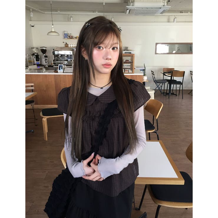 ブラウン | デカ襟半袖チェック柄トップス | Ulysses