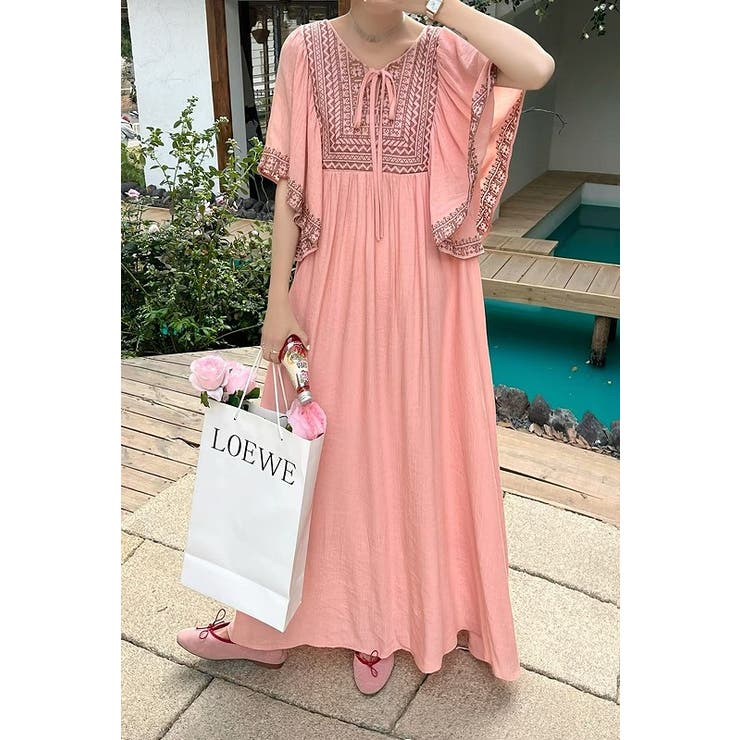 ピンク | リボン半袖ロングワンピース | Ulysses