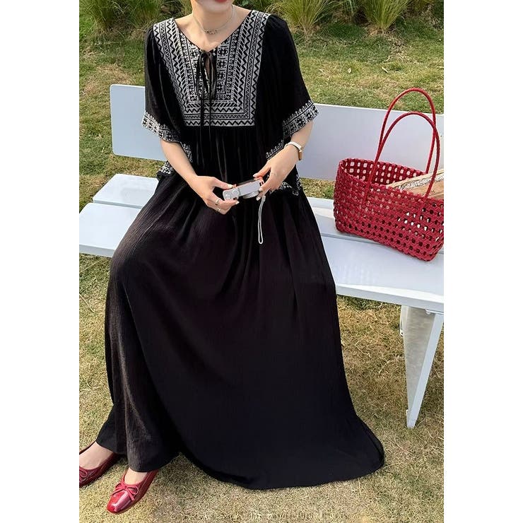 ブラック | リボン半袖ロングワンピース | Ulysses