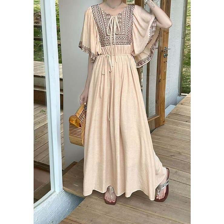 ベージュ | リボン半袖ロングワンピース | Ulysses