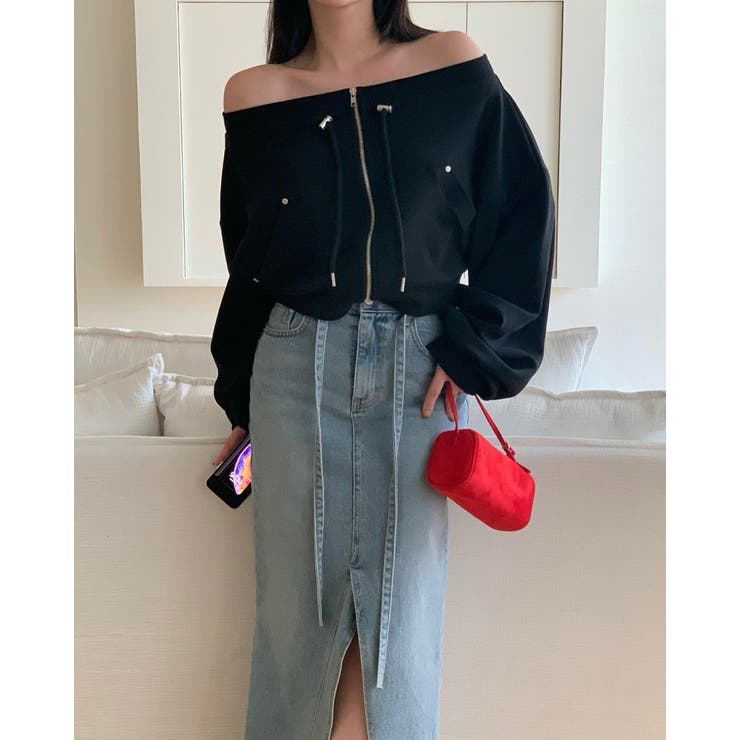 ブラック | スウェットジップ付きオフショルダートップス | Ulysses