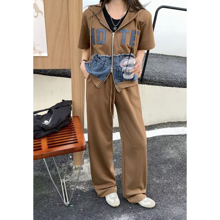 ブラウン | 切り替えデニムフード付きジャケットワイドパンツセットアップ | Ulysses