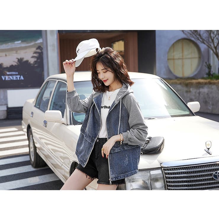 ブルー | スウェット切り替えデニムフード付きジャケット | Ulysses