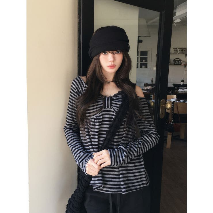 ブラック | リボンタイボーダートップス | Ulysses