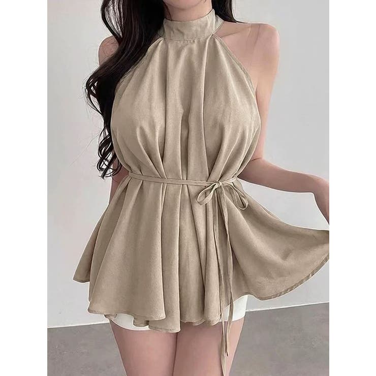 ベージュ | リボン袖なしホルターネックトップス | Ulysses