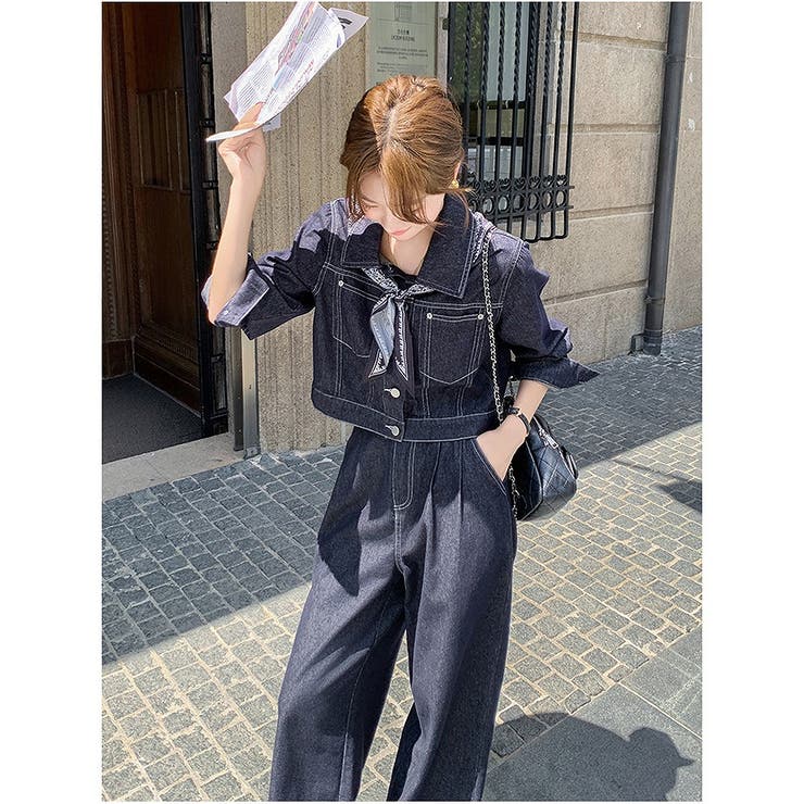 ブルー | デニム襟付きジャケットワイドパンツセットアップ | Ulysses