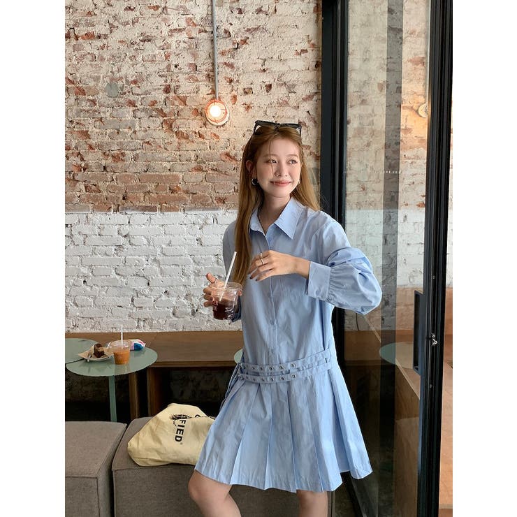 ブルー | ベルト付きプリーツシャツワンピース | Ulysses