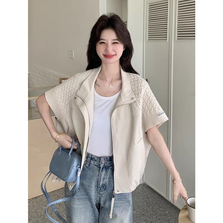 ベージュ | 切り替えニットスタンドカラージャケット | Ulysses