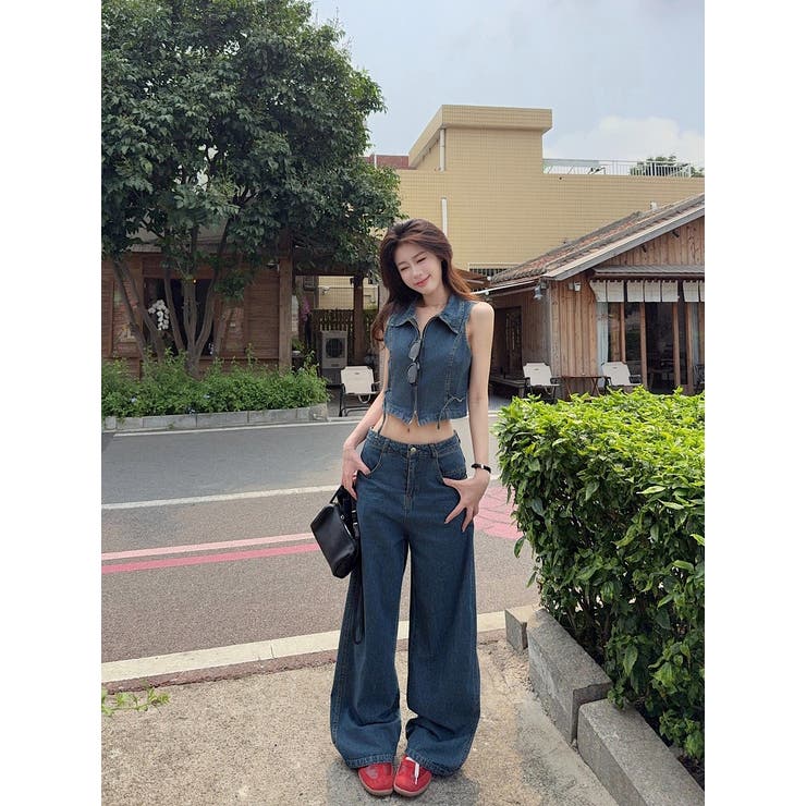デニムノースリーブトップスワイドパンツセットアップ[品番