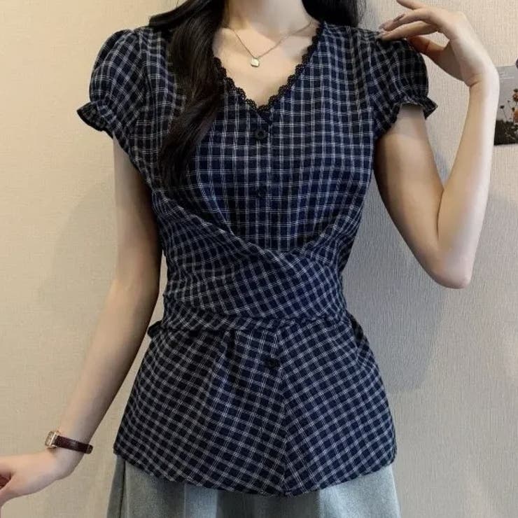 ネイビー | チェック柄Vネックブラウス | Ulysses