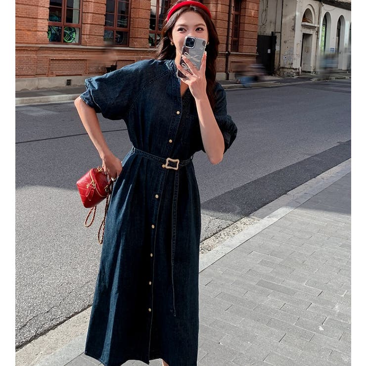 ダークブルー | ベルト付Vネックデニムワンピース | Ulysses