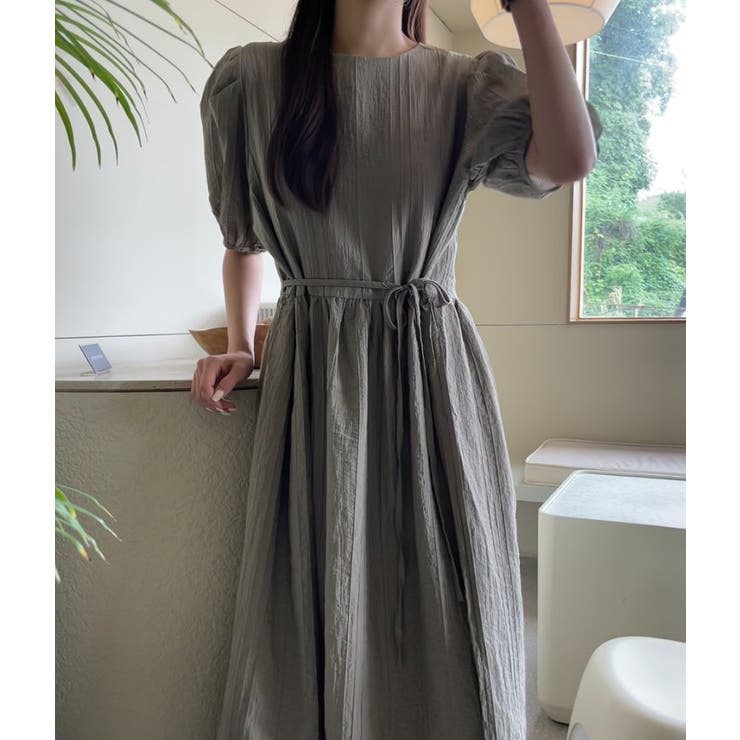 シンプルクルーネックリボン半袖ワンピース[品番:NTRW0009807 シンプルクルーネックリボン半袖ワンピース[品番:NTRW0009807