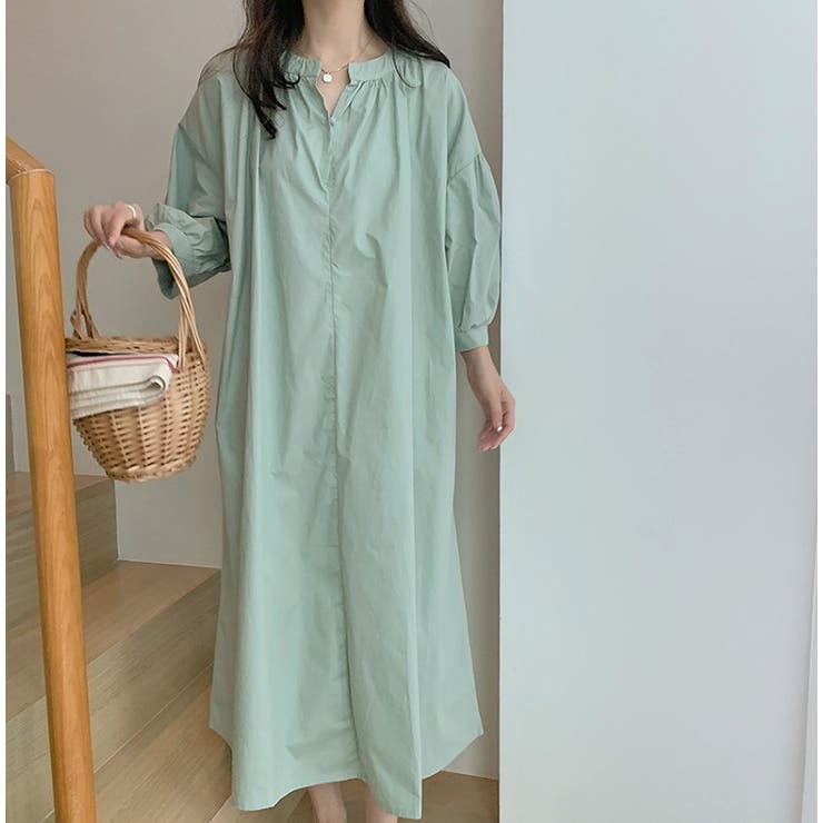 ライトグリーン | シンプルVネック中長袖ワンピース | Ulysses