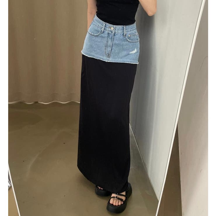 ブラック | ポケットデニムパッチワークスカート | Ulysses