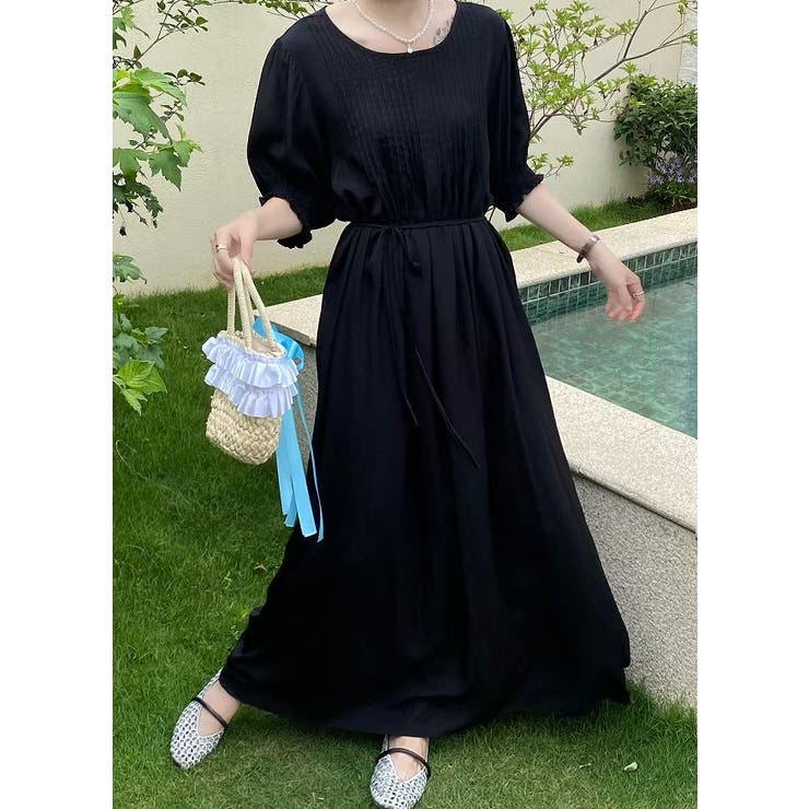 ブラック | クルーネックプリーツクルーネックワンピース | Ulysses