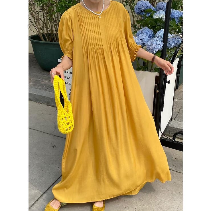 イエロー | クルーネックプリーツクルーネックワンピース | Ulysses