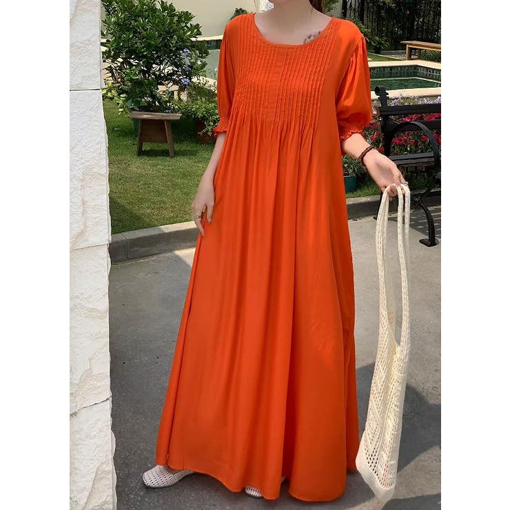 オレンジ | クルーネックプリーツクルーネックワンピース | Ulysses