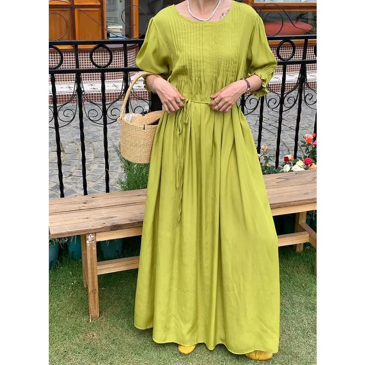 ライトグリーン | クルーネックプリーツクルーネックワンピース | Ulysses