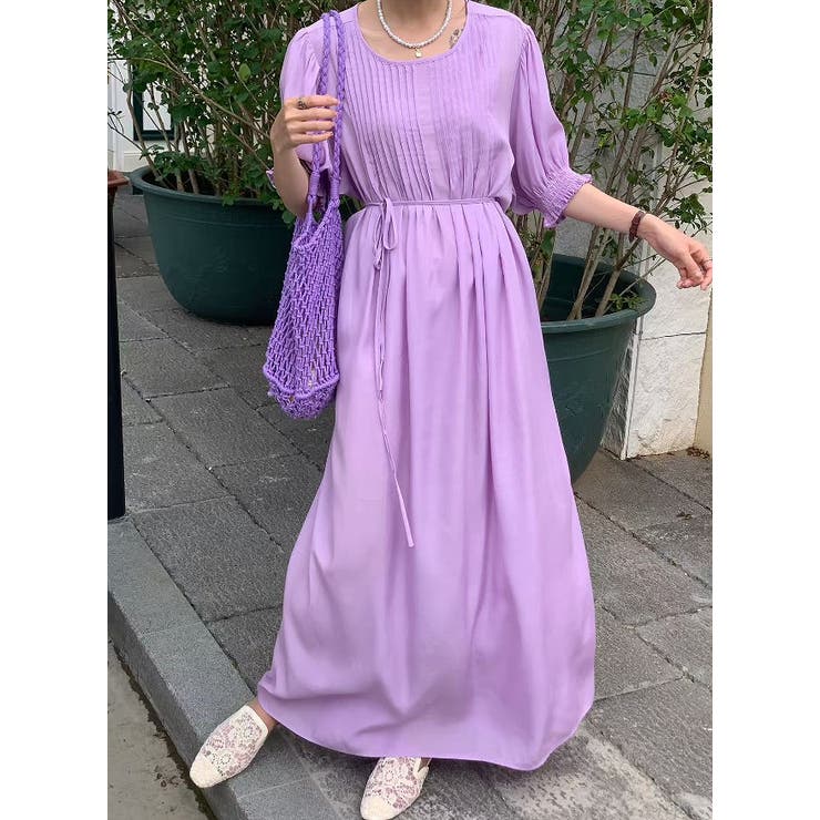 パープル | クルーネックプリーツクルーネックワンピース | Ulysses