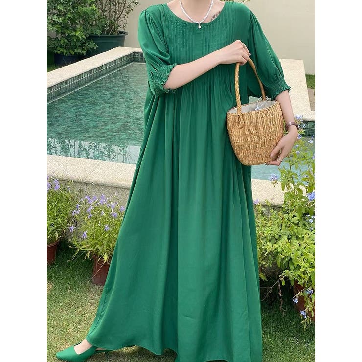 ダークグリーン | クルーネックプリーツクルーネックワンピース | Ulysses