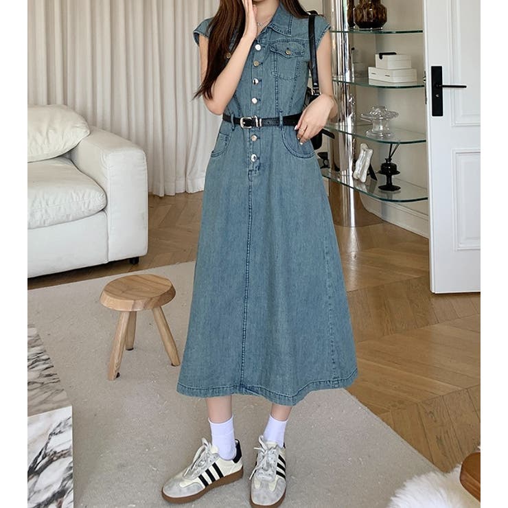ブルー | ベルト付きシングルブレストポケットデニムワンピース | Ulysses