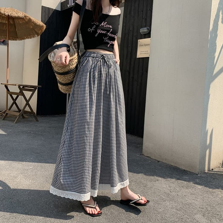ブラック | リボンチェック柄ワイドレッグ | Ulysses
