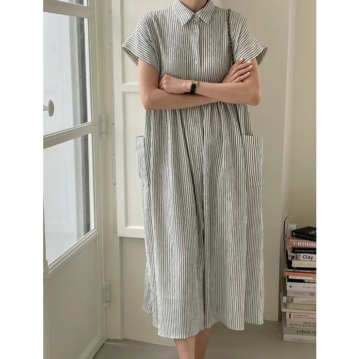 グレー | ストライプ柄ボタンダウン半袖ワンピース | Ulysses