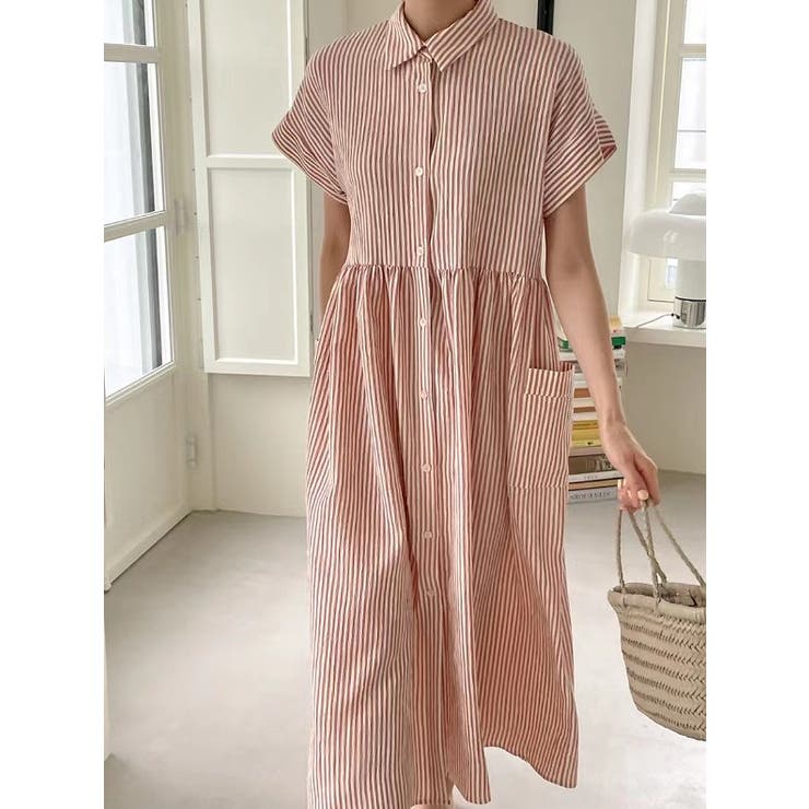 ピンク | ストライプ柄ボタンダウン半袖ワンピース | Ulysses