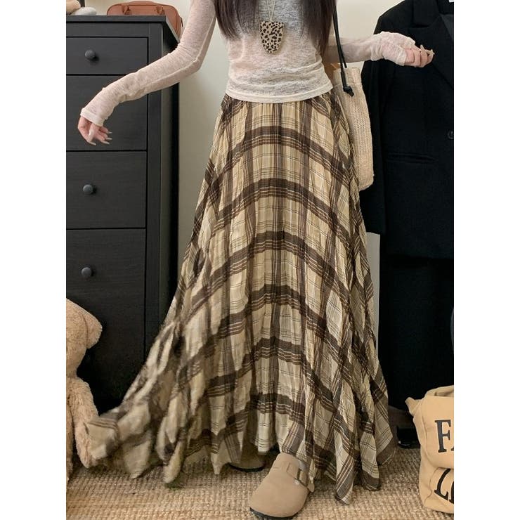 ブラウン | チェック柄ハイウエストロングスカート | Ulysses