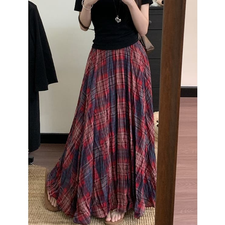 レッド | チェック柄ハイウエストロングスカート | Ulysses