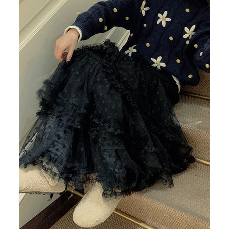 ブラック | レイヤードチュール切り替えAラインスカート | Ulysses