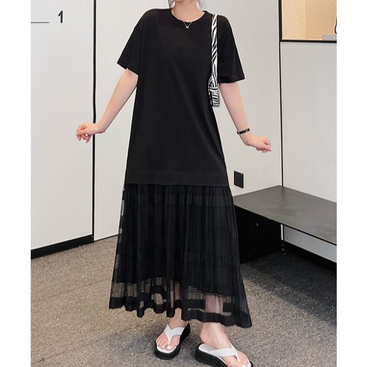 ブラック | 切り替えチュールクルーネック半袖ワンピース | Ulysses