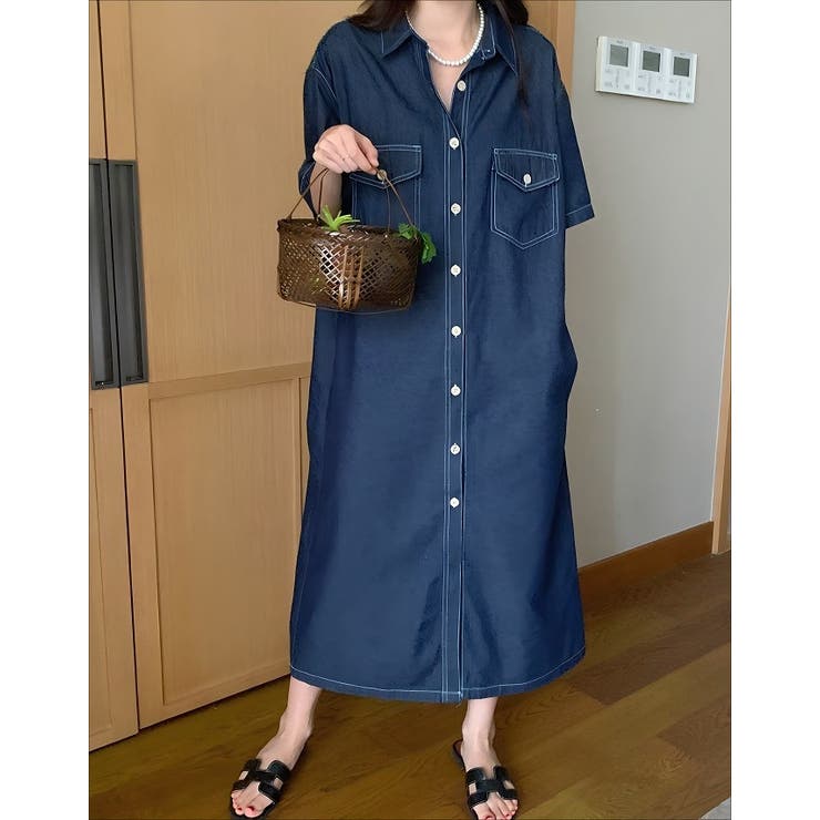 ダークブルー | シングルブレストボタンダウンデニムワンピース | Ulysses